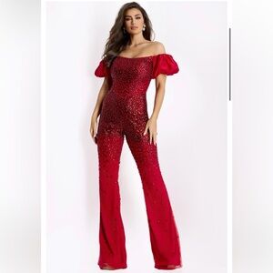 Jovani 36845 Signature Colection Elegant Red Off-Shoulder Jumpsuit Beaded Size 6
